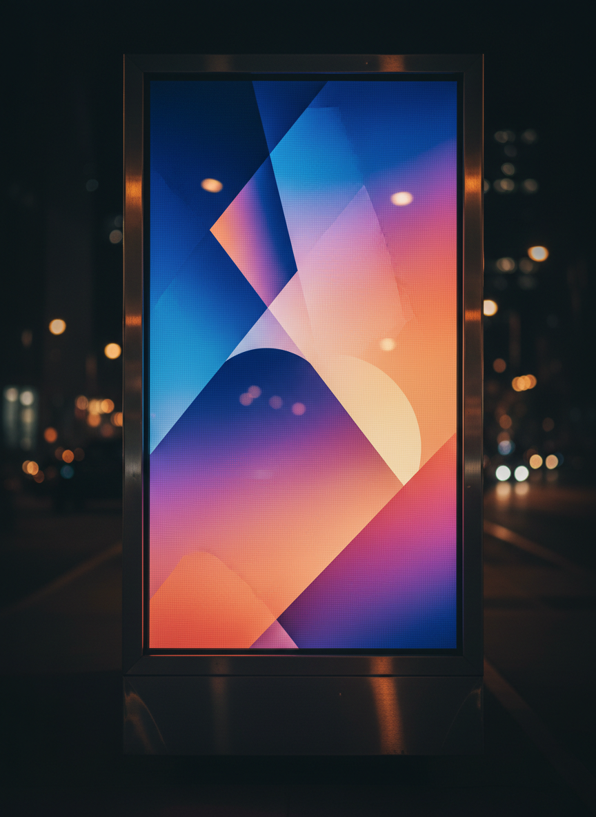 A close-up, side-on view of a single LED advertising truck panel in sharp photographic realism, filling most of the frame with a vibrant, abstract advertisement featuring bold gradients and clean geometric shapes. Each tiny LED pixel is subtly visible, emphasizing the screen’s clarity and advanced technology. The glossy metal frame of the truck borders the display, with soft reflections of passing streetlights. Nighttime ambient lighting keeps the surroundings dark, making the screen’s colors glow intensely. Shot straight-on with a centered composition and shallow depth of field, the background falls into soft bokeh, creating a sleek, professional, high-tech mood ideal for showcasing screen quality.