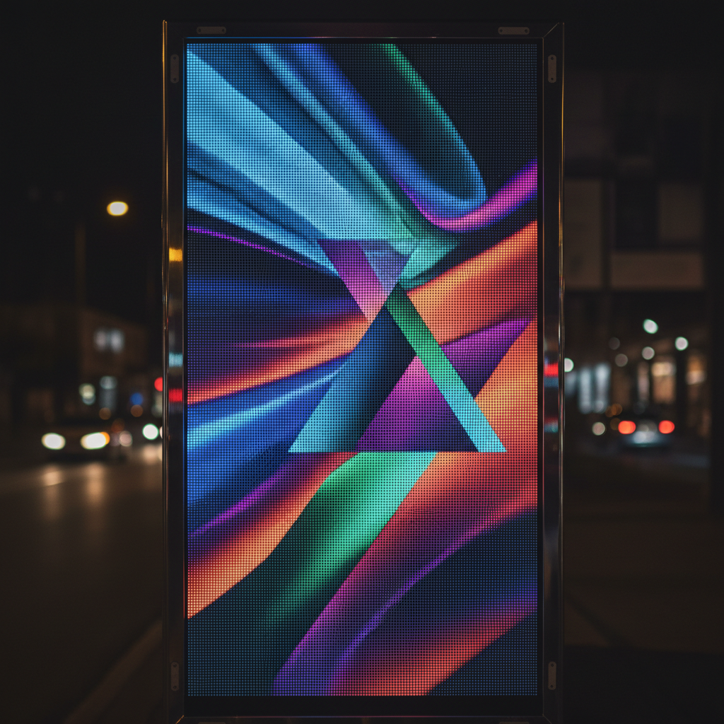 A close-up, side-on view of a single LED advertising truck panel in sharp photographic realism, filling most of the frame with a vibrant, abstract advertisement featuring bold gradients and clean geometric shapes. Each tiny LED pixel is subtly visible, emphasizing the screen’s clarity and advanced technology. The glossy metal frame of the truck borders the display, with soft reflections of passing streetlights. Nighttime ambient lighting keeps the surroundings dark, making the screen’s colors glow intensely. Shot straight-on with a centered composition and shallow depth of field, the background falls into soft bokeh, creating a sleek, professional, high-tech mood ideal for showcasing screen quality.