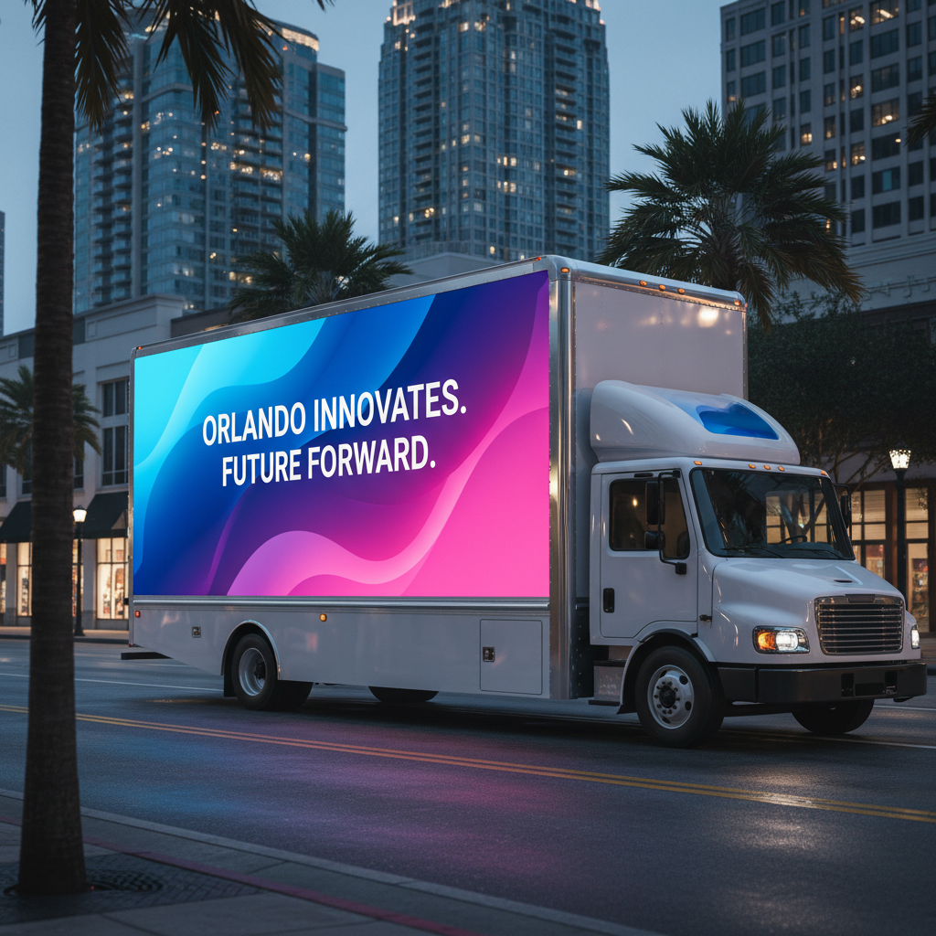 A gleaming modern LED advertising truck parked on a clean downtown Orlando street at twilight, its enormous side screen displaying a crisp, high-resolution full-color ad with vivid gradients and sharp typography. The truck’s glossy white bodywork reflects nearby storefront lights and distant city towers, all captured in photographic realism. Cool blue and magenta hues from the screen softly illuminate the asphalt and nearby palm trees. Shot from a slightly low, three-quarter angle, the composition emphasizes the scale of the screen and clarity of the message, with a shallow depth of field gently blurring the skyline for a professional, dynamic, high-tech atmosphere.