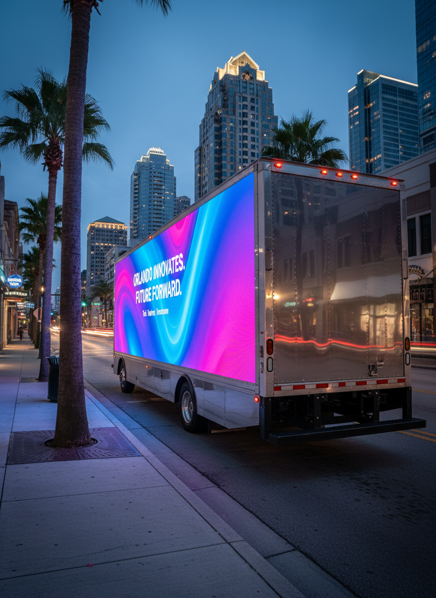 A gleaming modern LED advertising truck parked on a clean downtown Orlando street at twilight, its enormous side screen displaying a crisp, high-resolution full-color ad with vivid gradients and sharp typography. The truck’s glossy white bodywork reflects nearby storefront lights and distant city towers, all captured in photographic realism. Cool blue and magenta hues from the screen softly illuminate the asphalt and nearby palm trees. Shot from a slightly low, three-quarter angle, the composition emphasizes the scale of the screen and clarity of the message, with a shallow depth of field gently blurring the skyline for a professional, dynamic, high-tech atmosphere.
