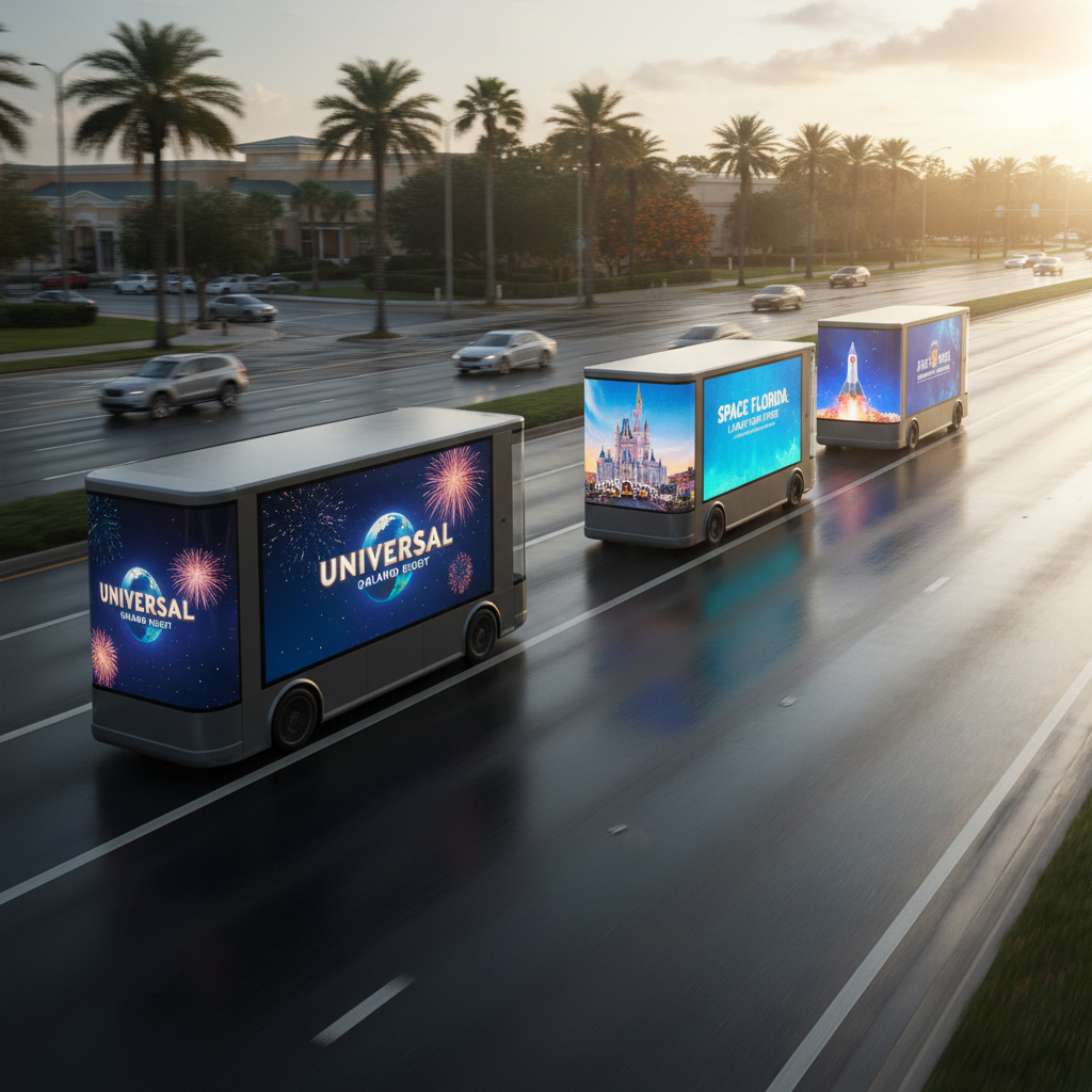 A convoy of three modern LED advertising trucks driving in perfect formation along a wide Orlando boulevard, each truck showcasing a different bright, high-definition ad on its side screens. The asphalt is slick from a recent light rain, creating mirror-like reflections of the moving digital displays. Late afternoon sun combines with the glow of the screens, casting long, dramatic shadows and subtle lens flares. Captured in sharp photographic realism from an elevated, slightly diagonal angle, the scene conveys motion with a gentle motion blur in the background while the trucks remain crisp and in focus, creating an energetic, large-scale mobile advertising presence.