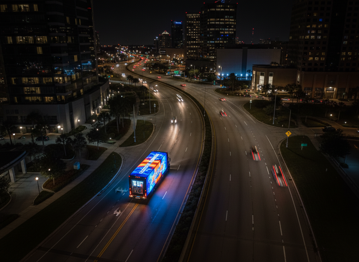 A nighttime aerial, bird’s-eye view of an LED advertising truck navigating a curved Orlando roadway, the truck’s luminous side screen cutting a bright, rectangular path of color through the darker urban environment. Streetlights and car headlights form soft trails of white and amber, while the truck’s ad glows in saturated blues and oranges, reflected faintly on nearby building facades and road markings. Photographic realism captures the precise lines of the truck and the clarity of the displayed message. The composition uses leading lines of the road to draw the eye directly to the glowing mobile billboard, conveying a strategic, city-wide advertising reach and a high-energy, modern mood.