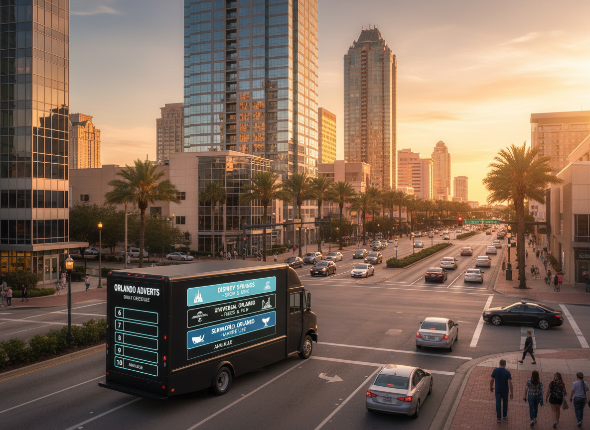 A modern LED advertising truck stopped at a busy Orlando intersection near a recognizable but generic downtown skyline, its side screen showing a rotating schedule-style layout with multiple ad slots and time blocks. The photographic realism highlights the smooth, matte finish of the truck’s body and the razor-sharp text on the display. Warm golden hour sunlight bathes the buildings and palm-lined sidewalks, while the bright digital screen adds cool contrasting tones. Captured from a slightly elevated, wide-angle perspective, the image emphasizes how the truck is positioned at a major traffic corridor, suggesting high visibility and strategic route planning in a clean, professional atmosphere.