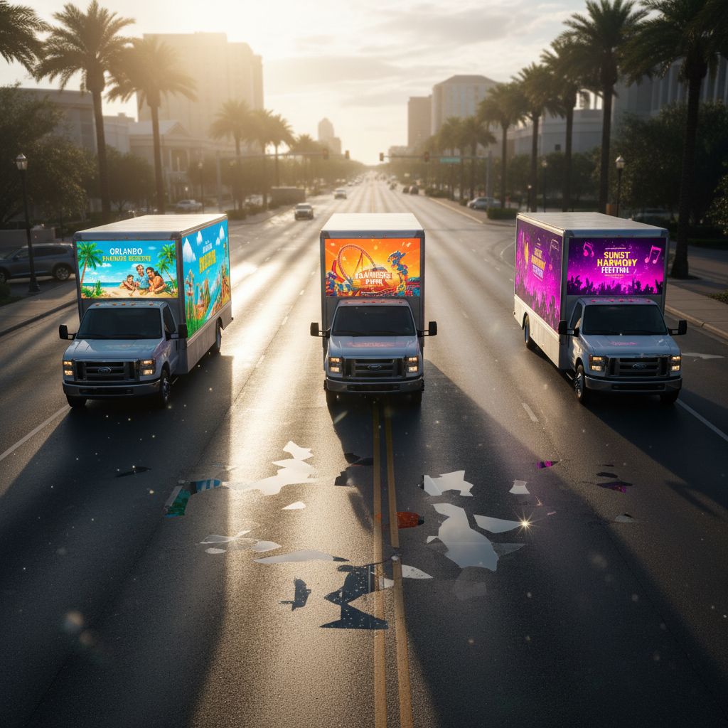 A convoy of three modern LED advertising trucks driving in perfect formation along a wide Orlando boulevard, each truck showcasing a different bright, high-definition ad on its side screens. The asphalt is slick from a recent light rain, creating mirror-like reflections of the moving digital displays. Late afternoon sun combines with the glow of the screens, casting long, dramatic shadows and subtle lens flares. Captured in sharp photographic realism from an elevated, slightly diagonal angle, the scene conveys motion with a gentle motion blur in the background while the trucks remain crisp and in focus, creating an energetic, large-scale mobile advertising presence.